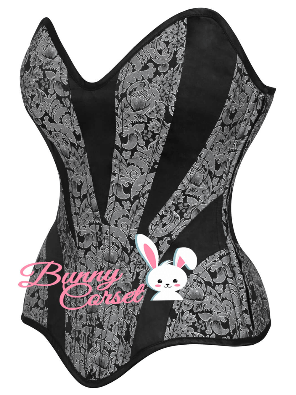 Elegant overbust corset in black brocade with vintage floral design and sweet bunny logo.