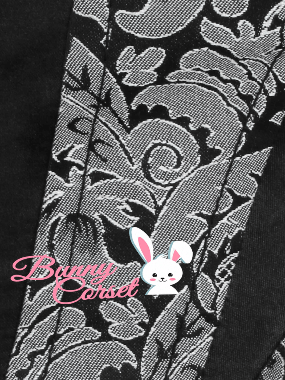 Elegant brocade detail of an overbust corset, showcasing gothic charm and vintage style with Bunny Corset logo.