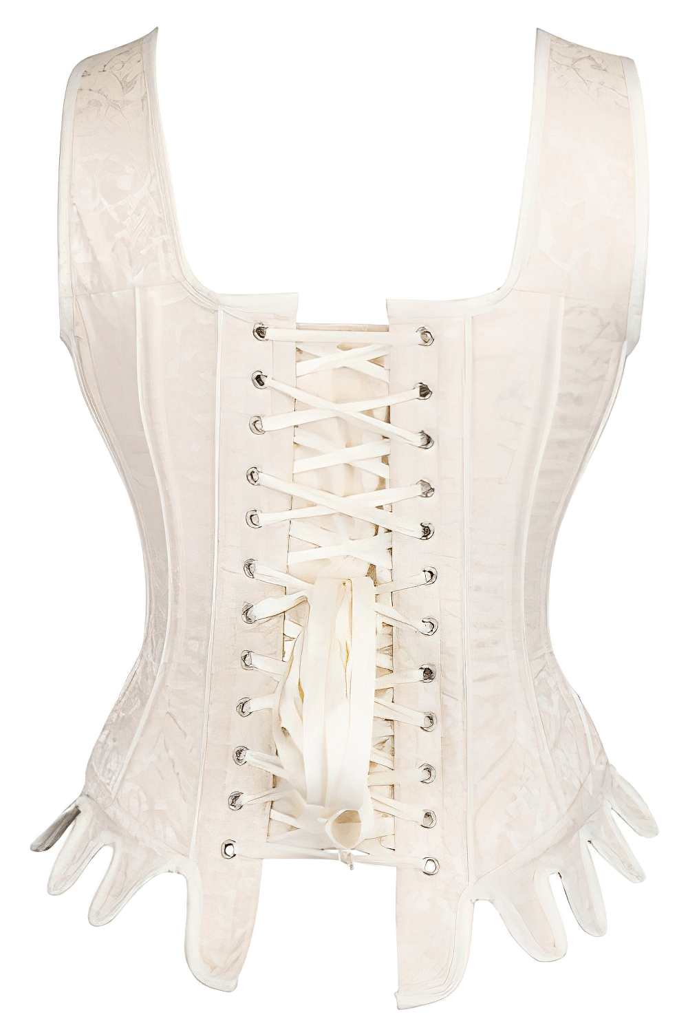 Elegant ivory corset with lace-up back, steel boning, and vintage detail, perfect for a refined silhouette.