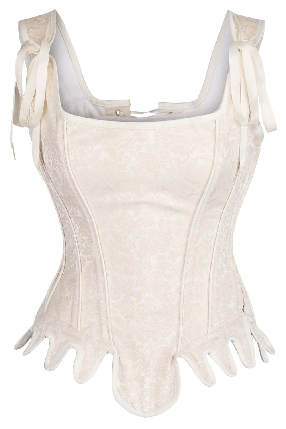 Elegant ivory overbust corset with lace detailing and adjustable ties, perfect for a vintage-inspired look.