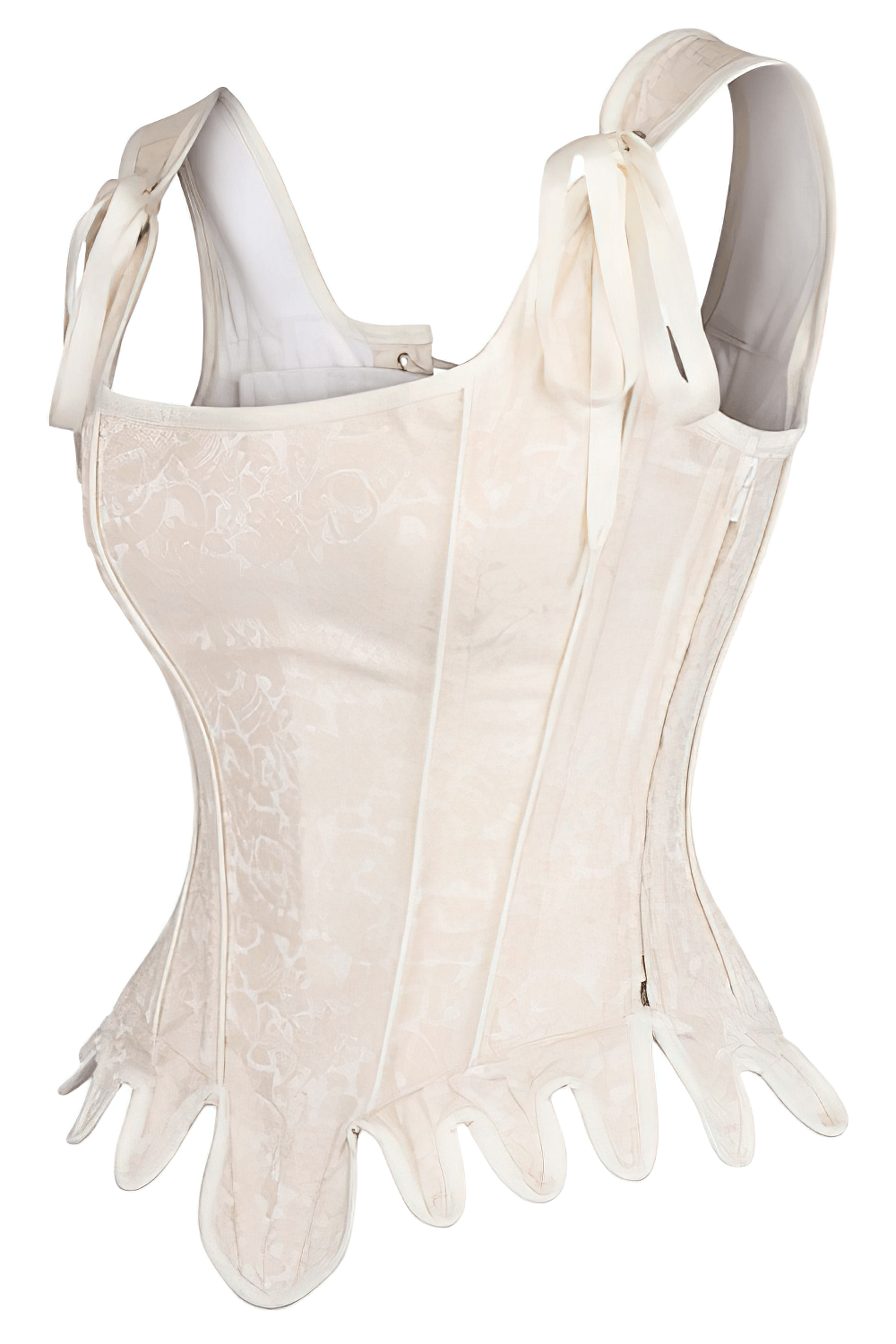 Elegant vintage ivory overbust corset with lace-up back and zipper, featuring steel boning for a refined silhouette.