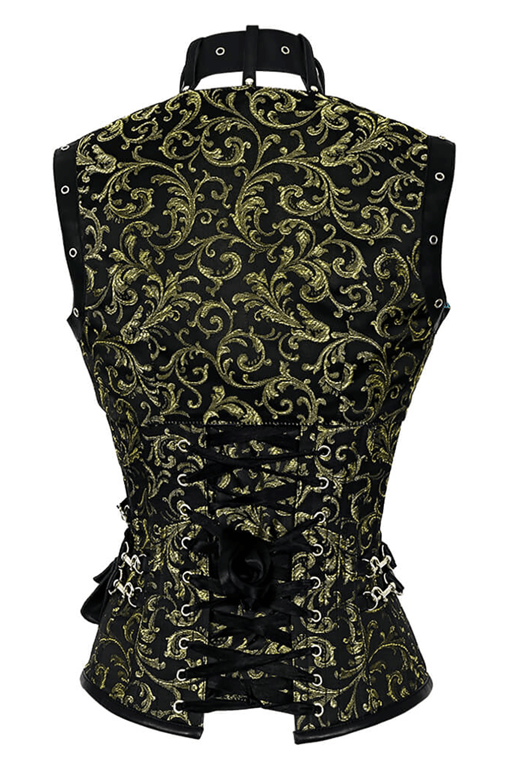 Alt Tag: Elegant Overbust Corset with Shrug and Utility Pouches Set back view, black gold brocade steampunk corset with lace-up, harness strap