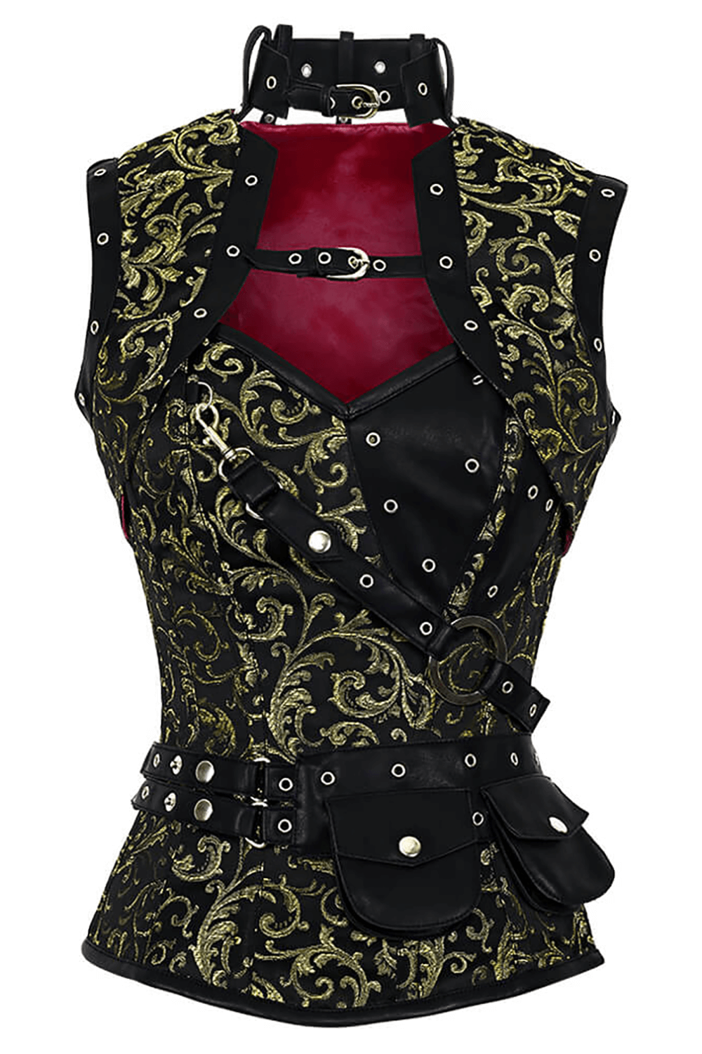 Alt Tag: Elegant Overbust Corset with Shrug and Utility Pouches Set in black-gold steampunk brocade with red neckline, harness straps
