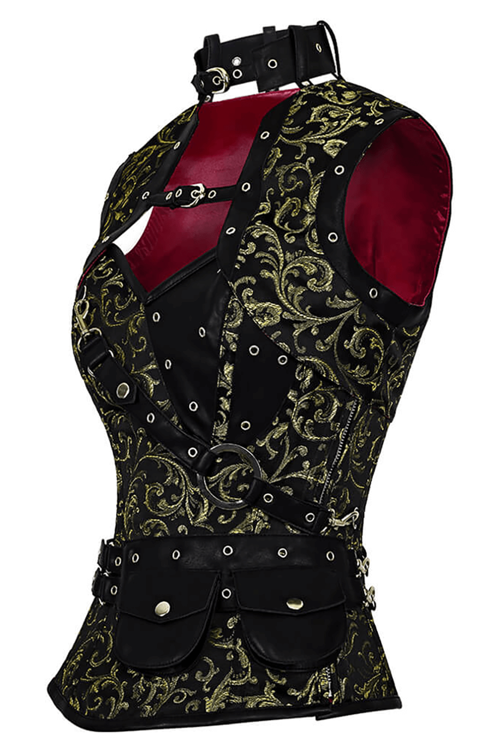 Alt Tag: Elegant Overbust Corset with Shrug and Utility Pouches Set, black and gold gothic steampunk corset with harness straps & pouches