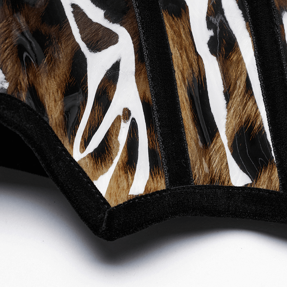 Close-up of an elegant leopard print patent leather corset highlighting its glossy finish and vertical paneling.
