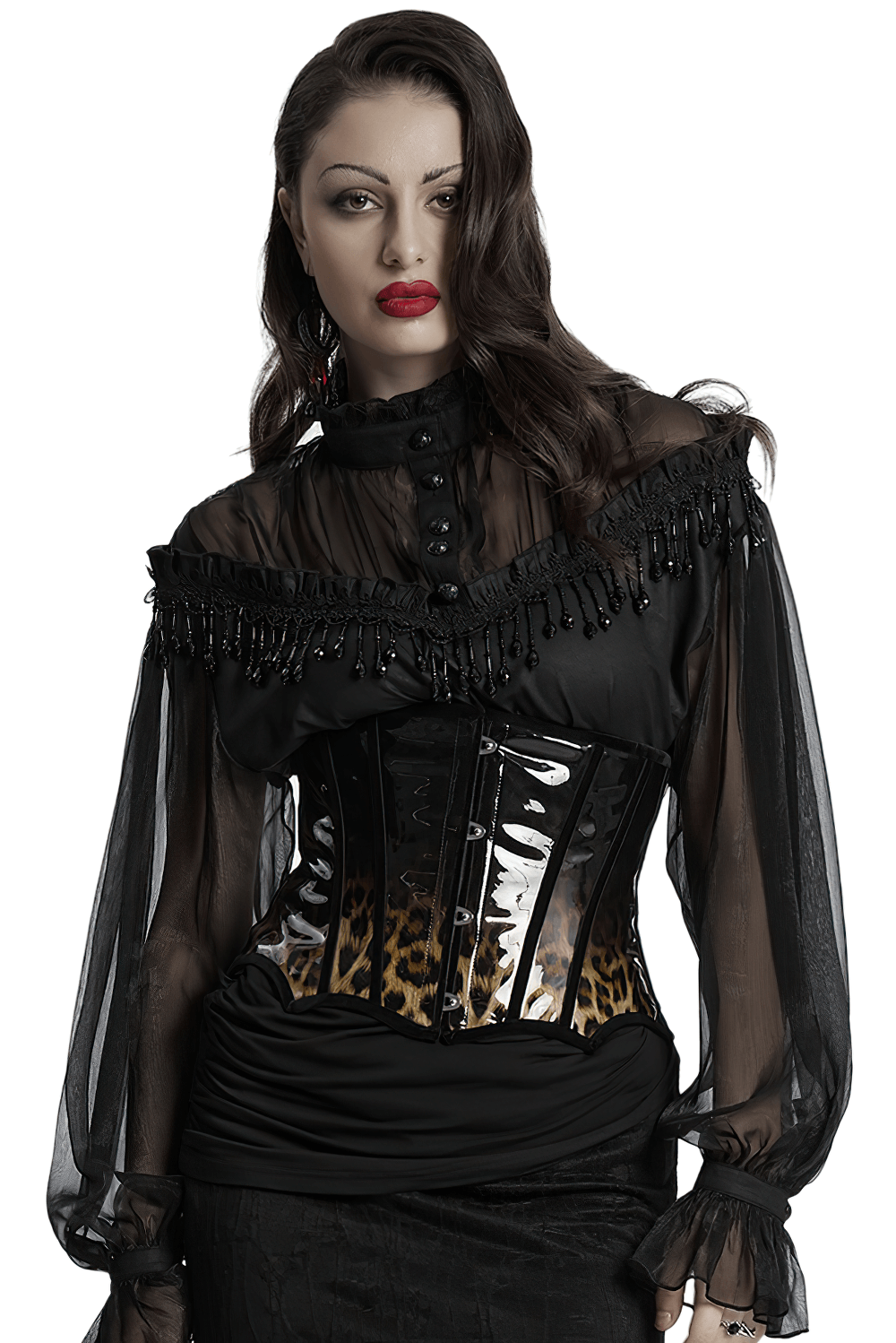 Gothic woman in elegant patent leather leopard print corset with black ruffled blouse, showcasing a fierce and stylish look.