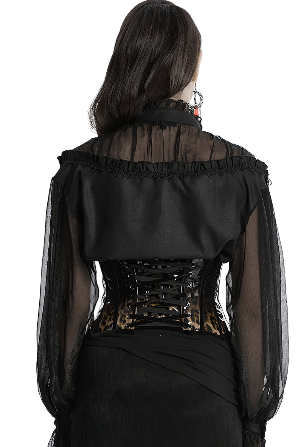 Back view of a woman wearing an elegant leopard print patent leather corset with sheer black blouse.