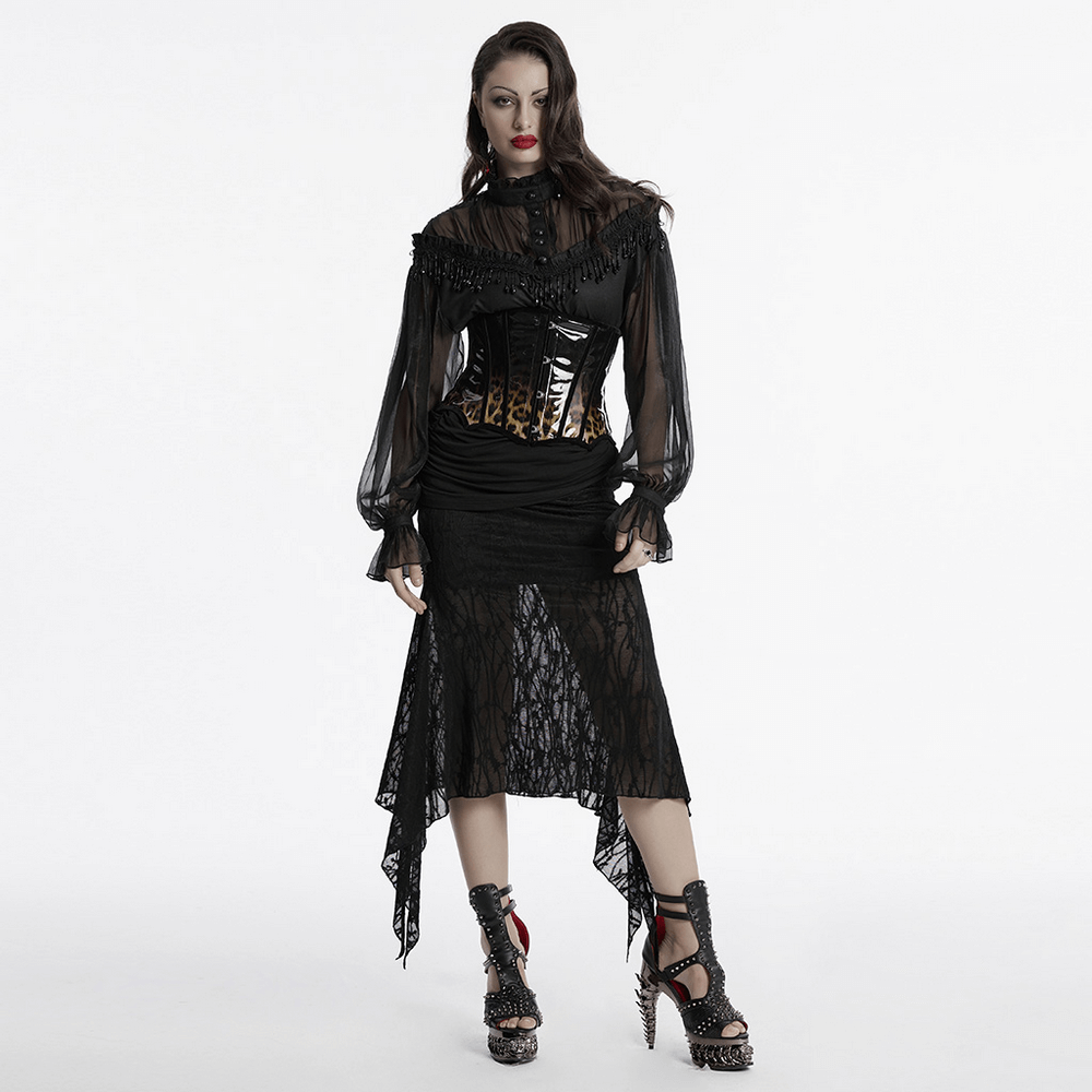 Gothic woman in elegant leopard print patent leather corset and black dress, showcasing bold fashion and confidence.