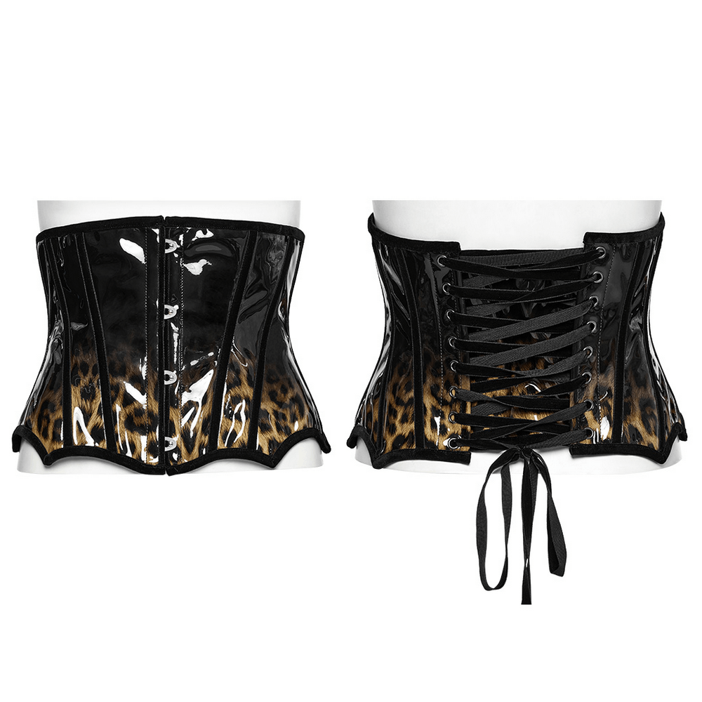 Elegant patent leather leopard print corset with lace-up back and front buckles for a fierce, hourglass silhouette.