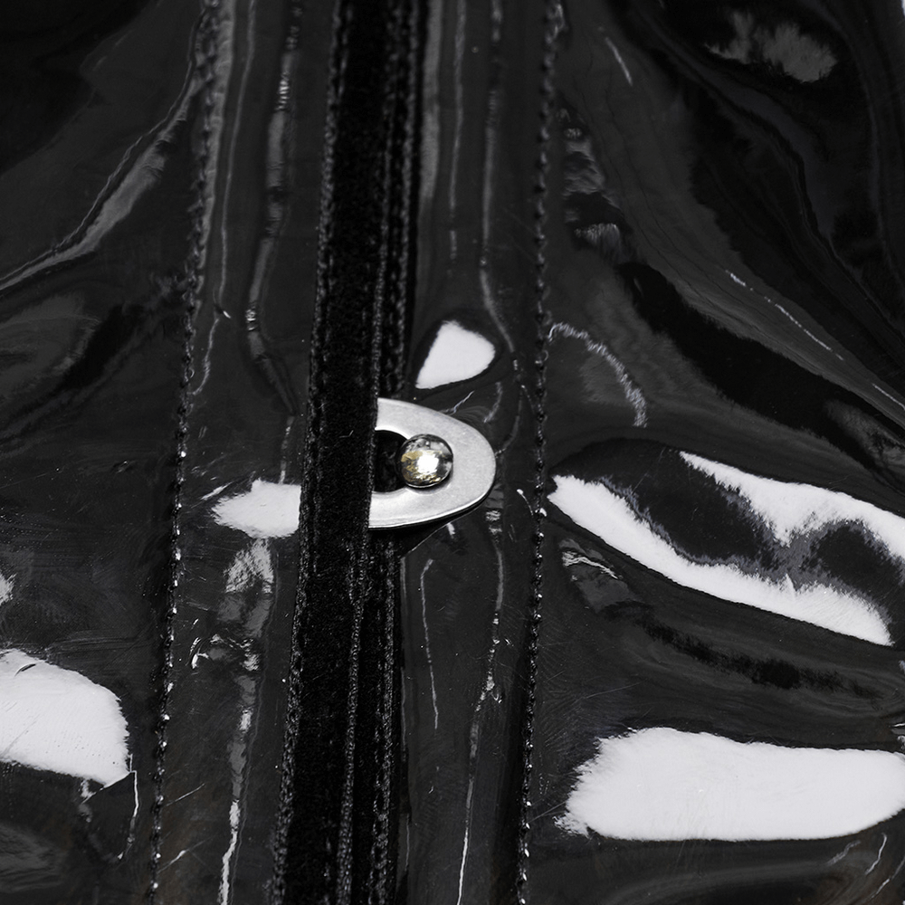 Close-up of glossy black patent leather corset zipper showcasing sleek design and metal fastening.