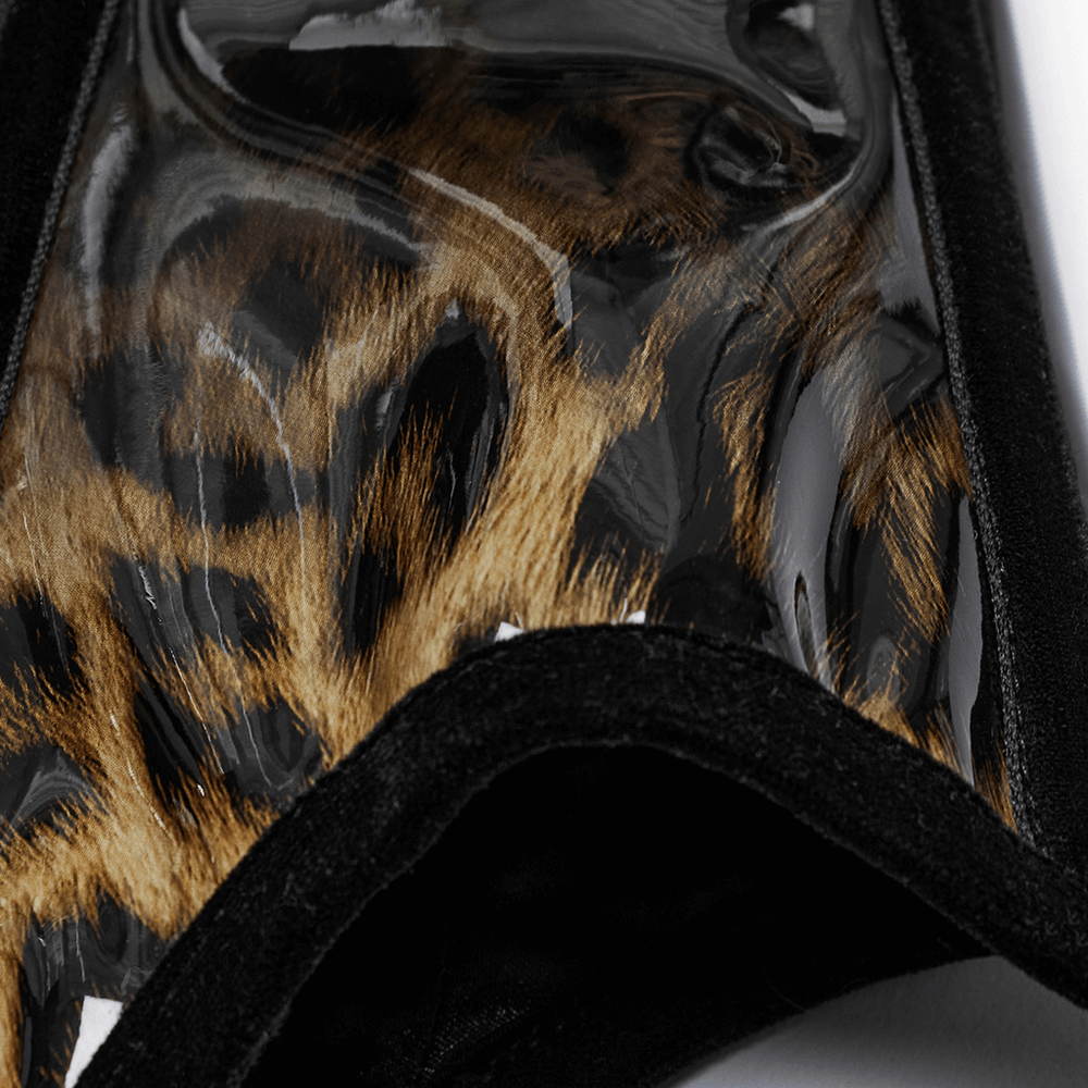 Close-up of the elegant leopard print patent leather texture for a chic waist cincher corset.