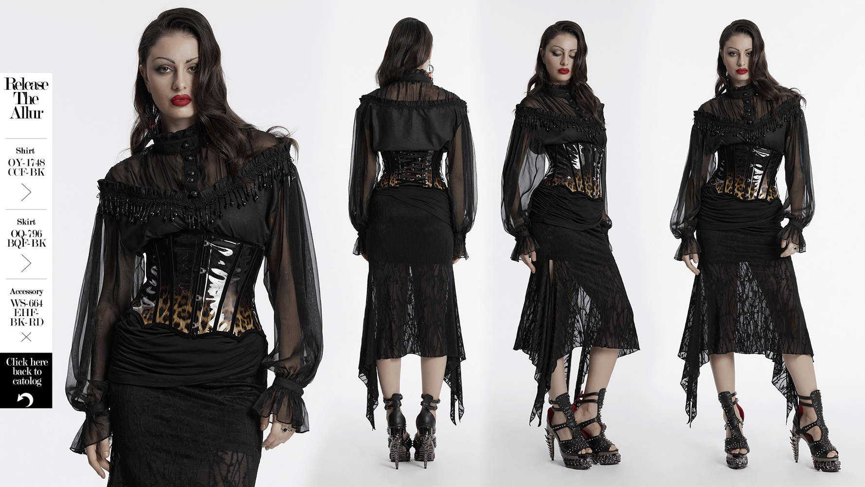 Elegant patent leather leopard print corset showcasing a gothic style on a model with dramatic makeup and black attire.