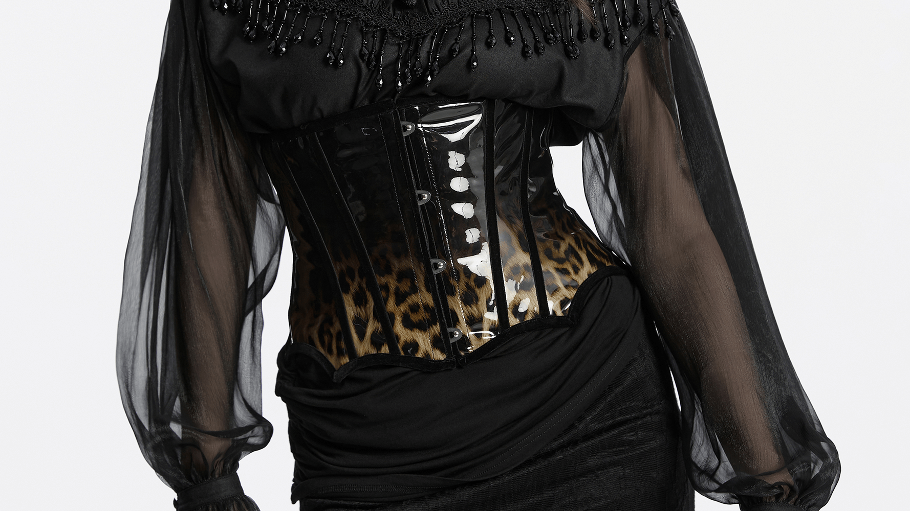 Elegant patent leather leopard print corset with metal front buckles and lace-up back for a fierce hourglass silhouette.