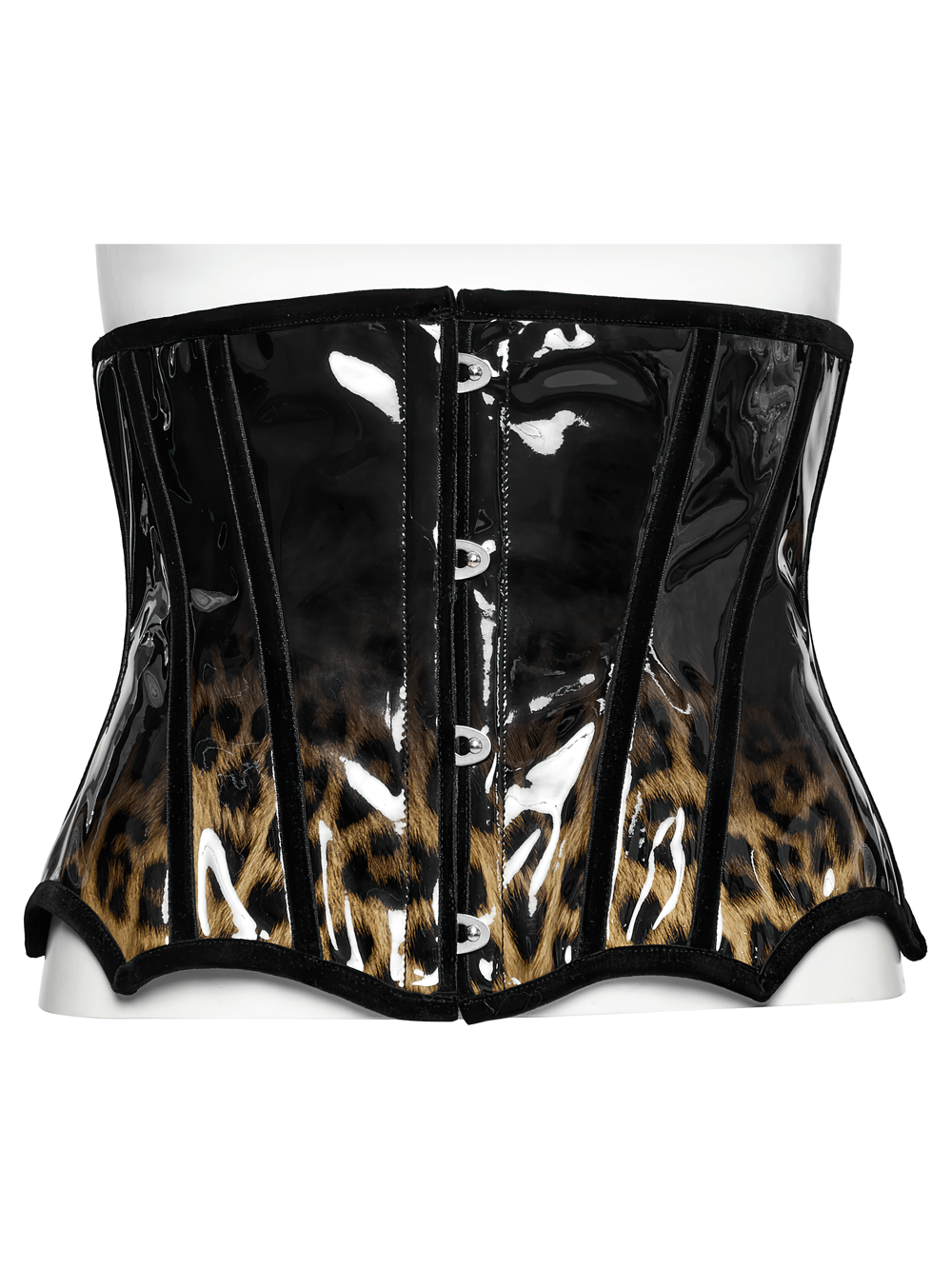 Elegant patent leather leopard print corset with metal buckles for a fierce hourglass silhouette.