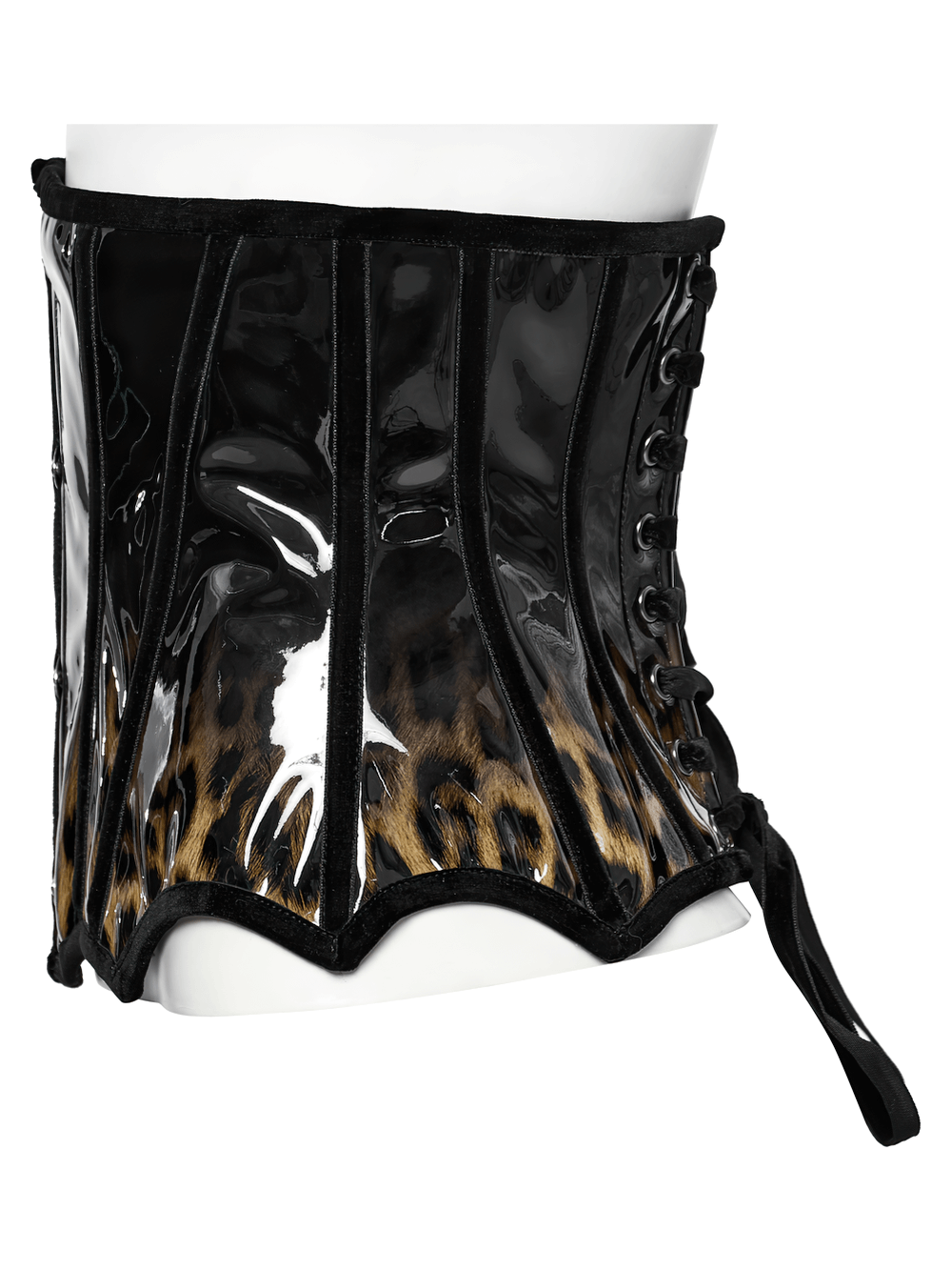 Elegant leopard print patent leather corset, featuring a glossy finish, metal buckles, and lace-up back for a sculpted hourglass shape.