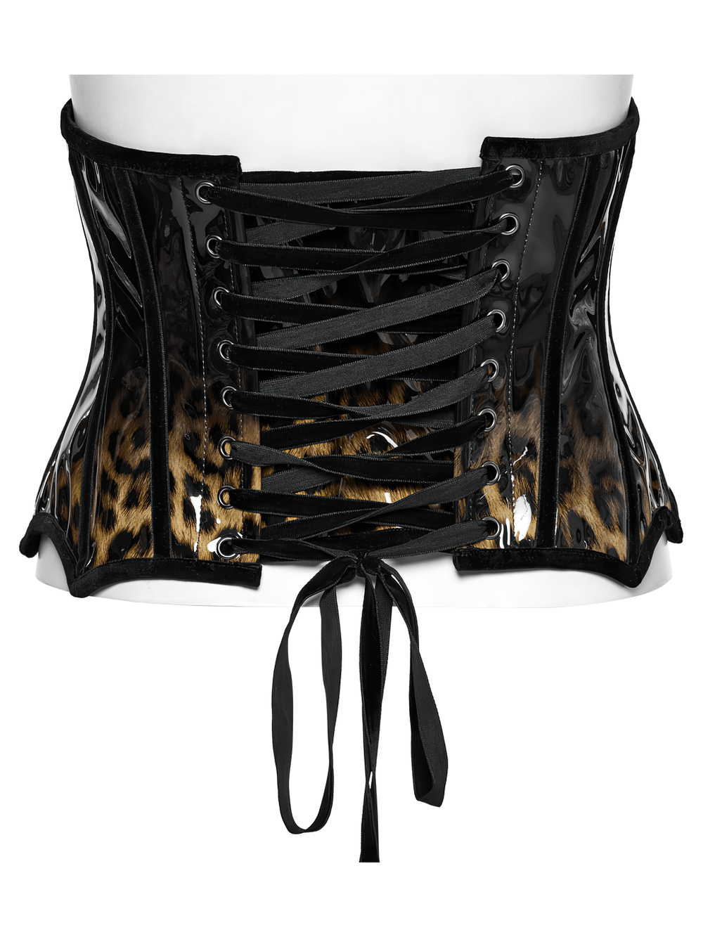 Stylish black patent leather leopard print corset with lace-up back and vertical paneling for a fierce hourglass shape.