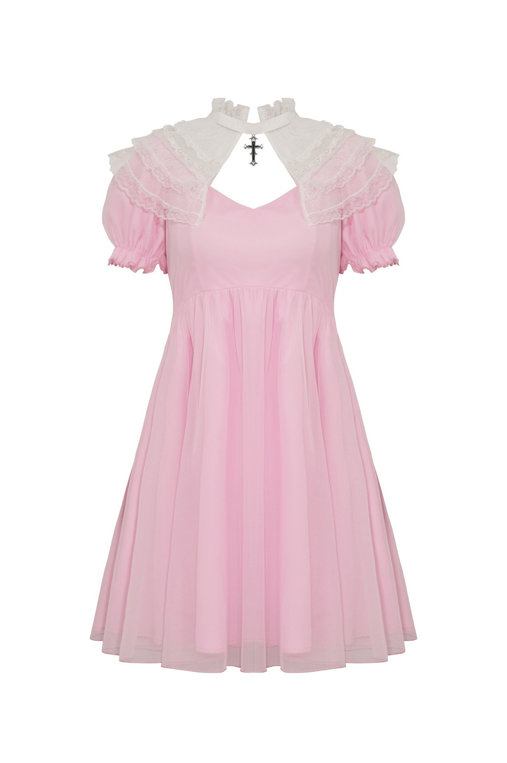 Chic pink mini dress featuring delicate white lace detailing and puff sleeves, perfect for elegant occasions.