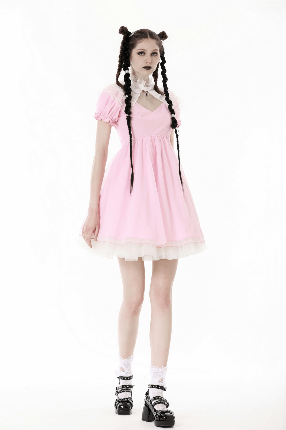 Chic pink mini dress with delicate lace detailing, perfect blend of modern style and classic elegance.