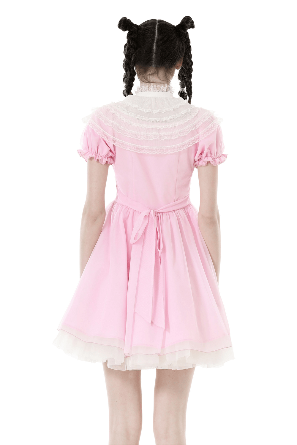 Elegant pink mini dress with delicate lace detailing, perfect for chic outings and special occasions.