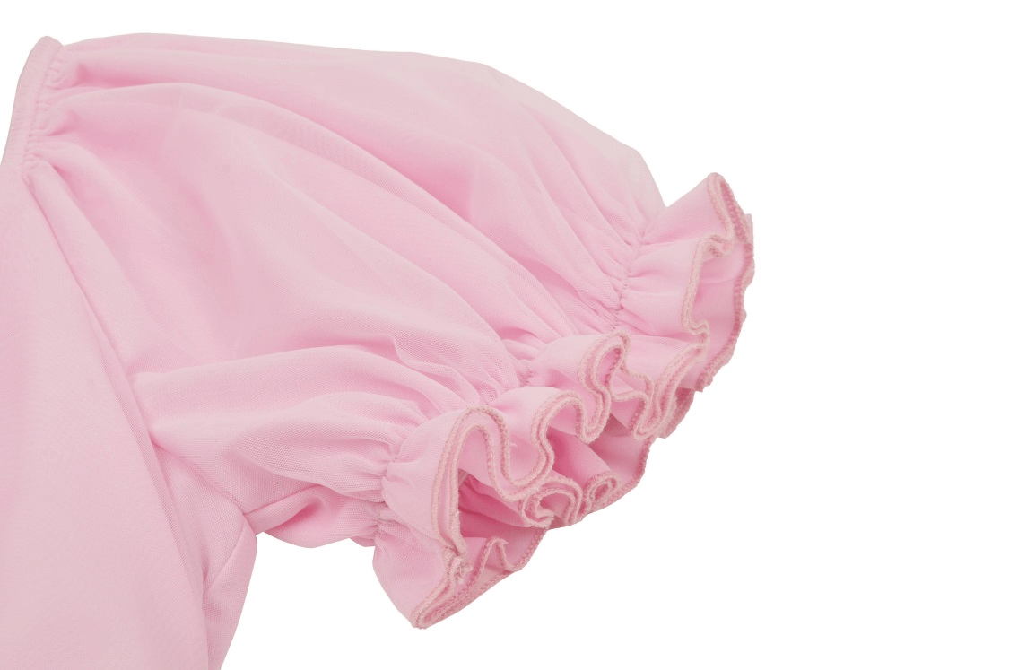 Elegant pink dress sleeve featuring delicate ruffled lace detailing for a chic and sophisticated look.