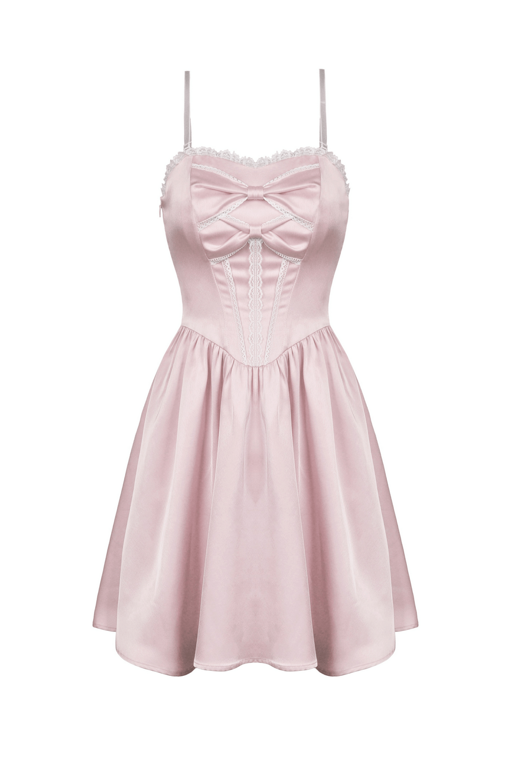 Elegant pink satin bow dress with A-line silhouette, perfect for evening events and special occasions.