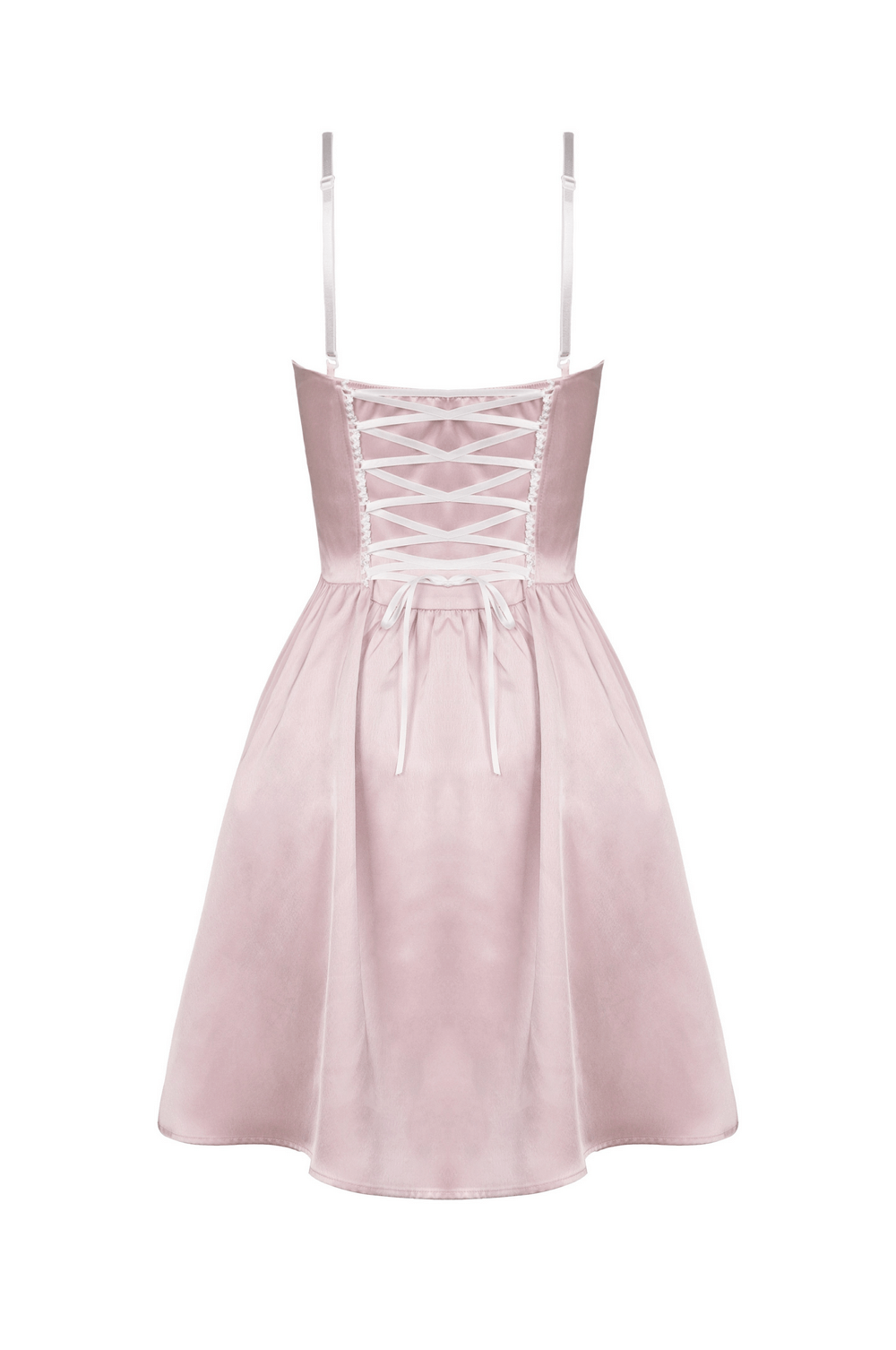 Elegant pink satin A-line dress with bow, perfect for evening events and special occasions.