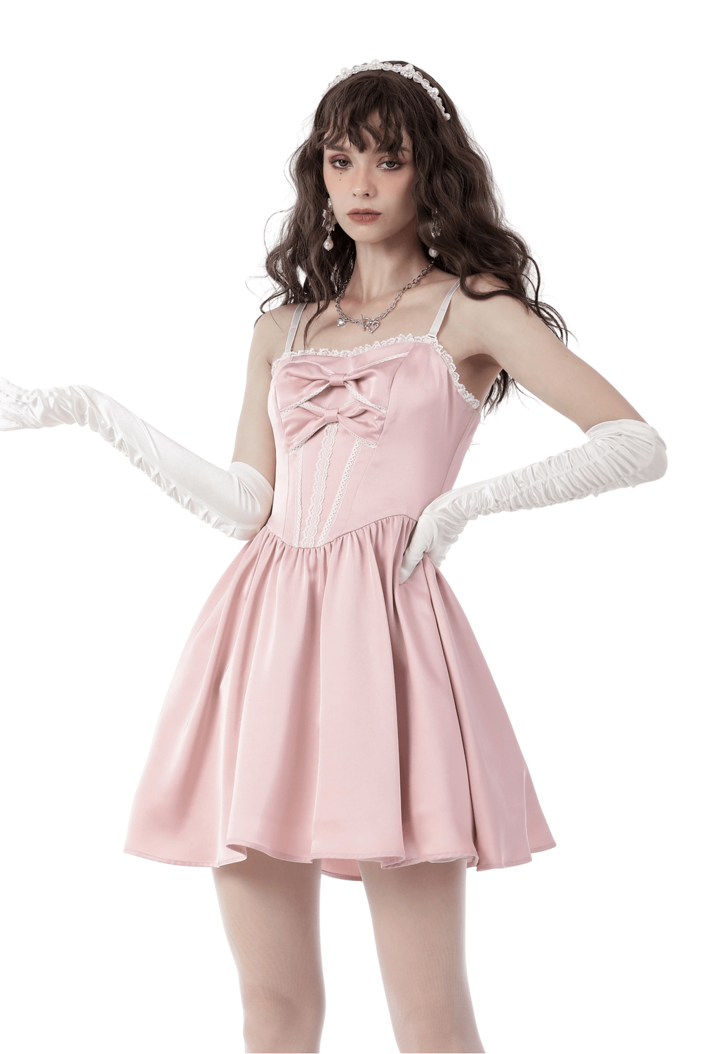 Elegant pink satin A-line dress with bow, perfect for evening events and special occasions.