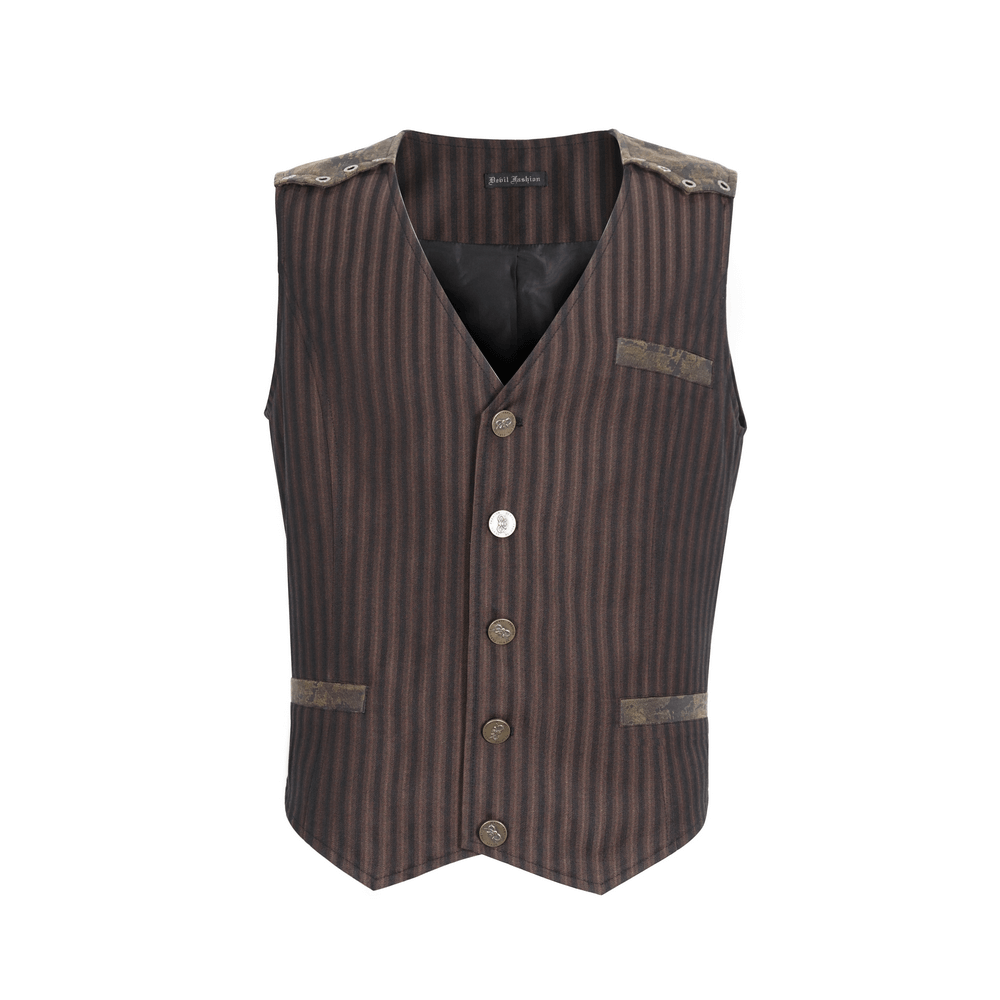 Elegant pinstriped men's button-up brown waistcoat with sleek buttons and a stylish retro design.