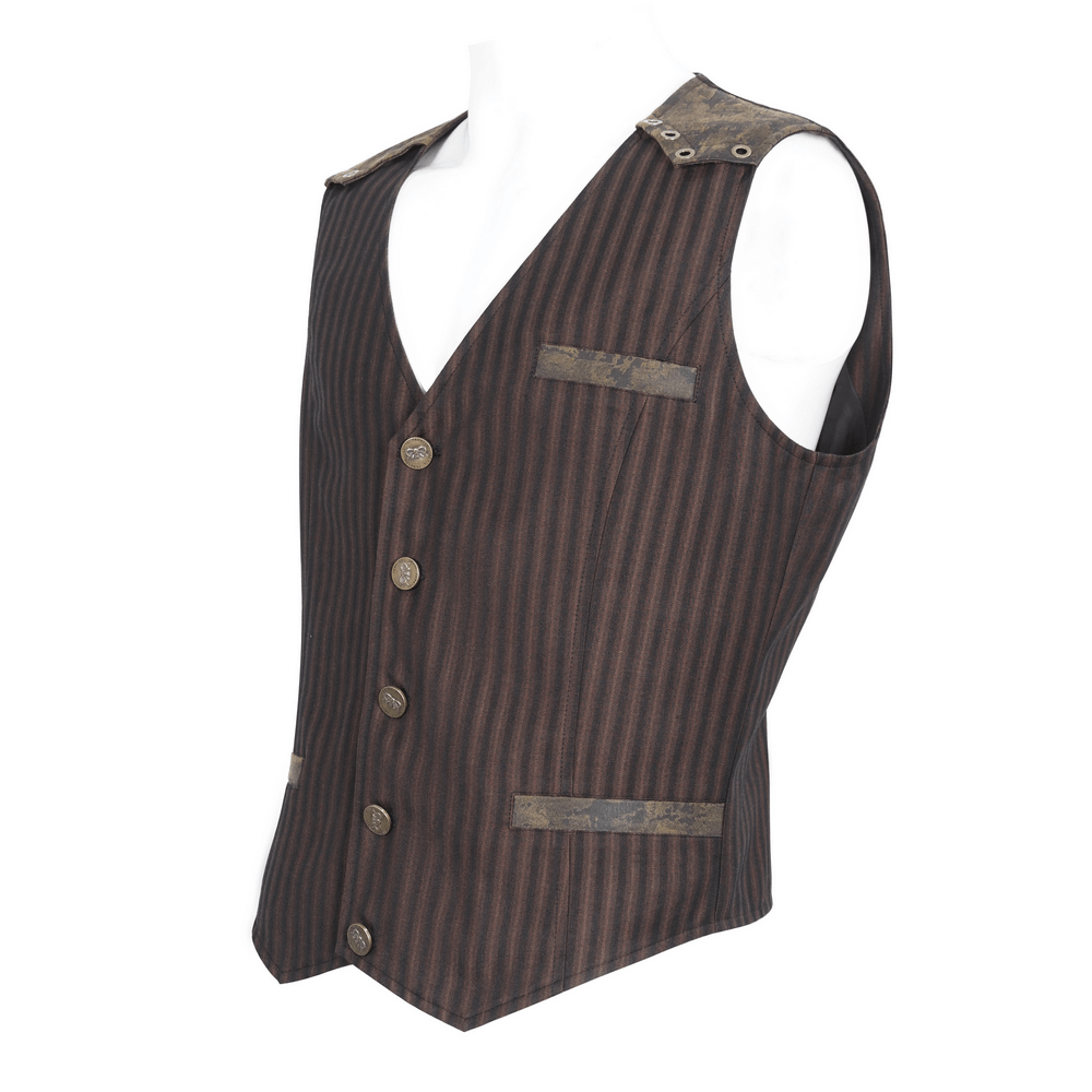 Elegant brown pinstriped men's button-up waistcoat with V-neck and practical front pocket.
