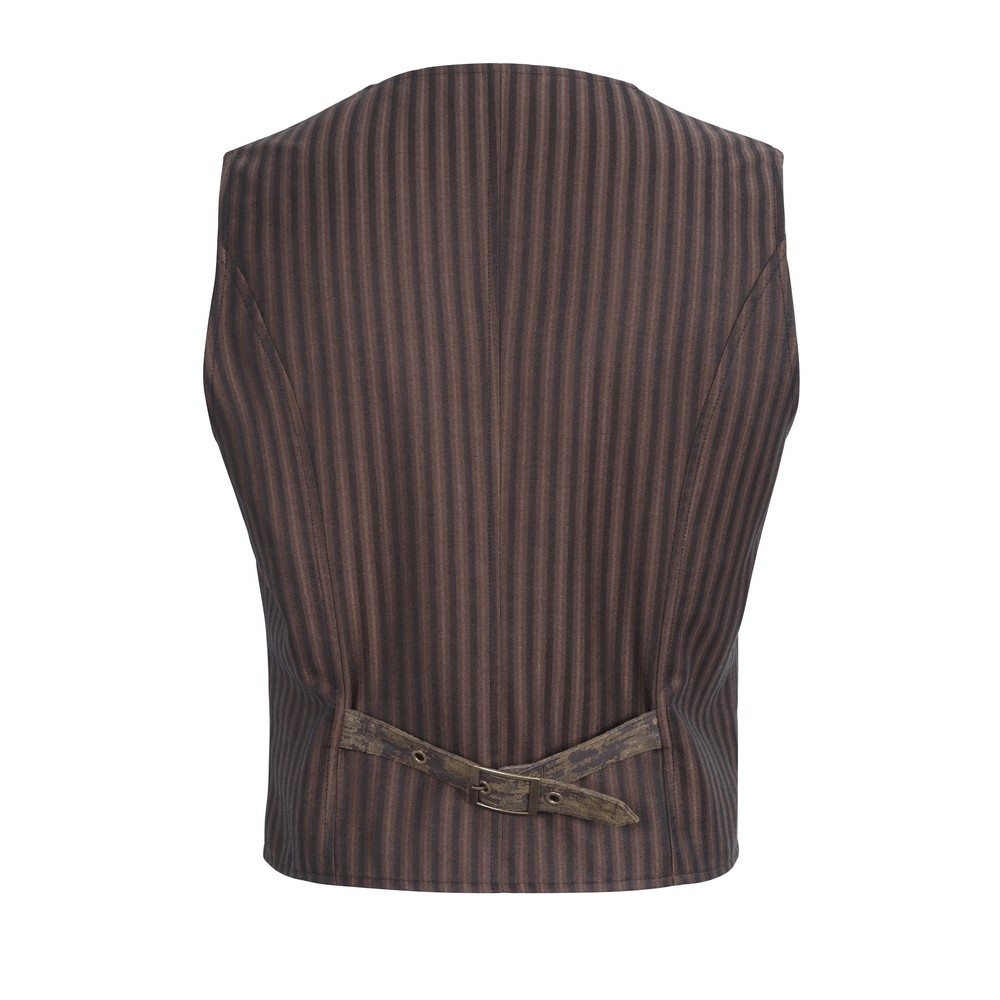 Back view of elegant pinstriped men's button-up brown waistcoat with vintage style and adjustable back buckle.