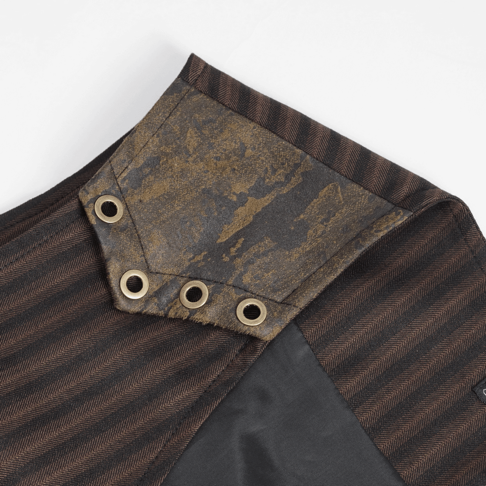 Close-up of the elegant pinstriped men's brown waistcoat collar featuring antique gold eyelets.