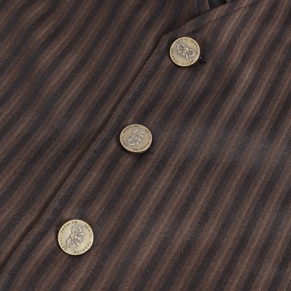 Close-up of elegant brown pinstriped men's waistcoat, featuring stylish buttons and a classic design.