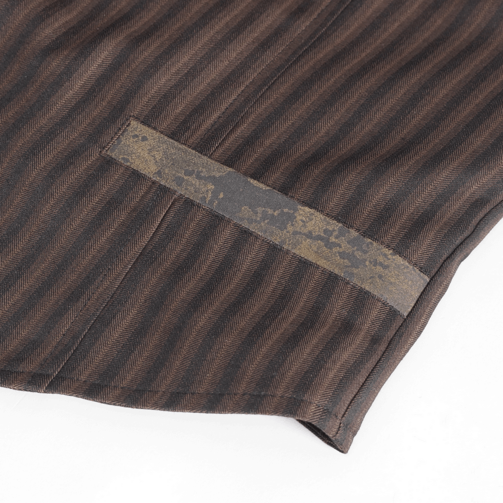 Elegant brown pinstriped men's waistcoat featuring a stylish front pocket, perfect for a classy look.