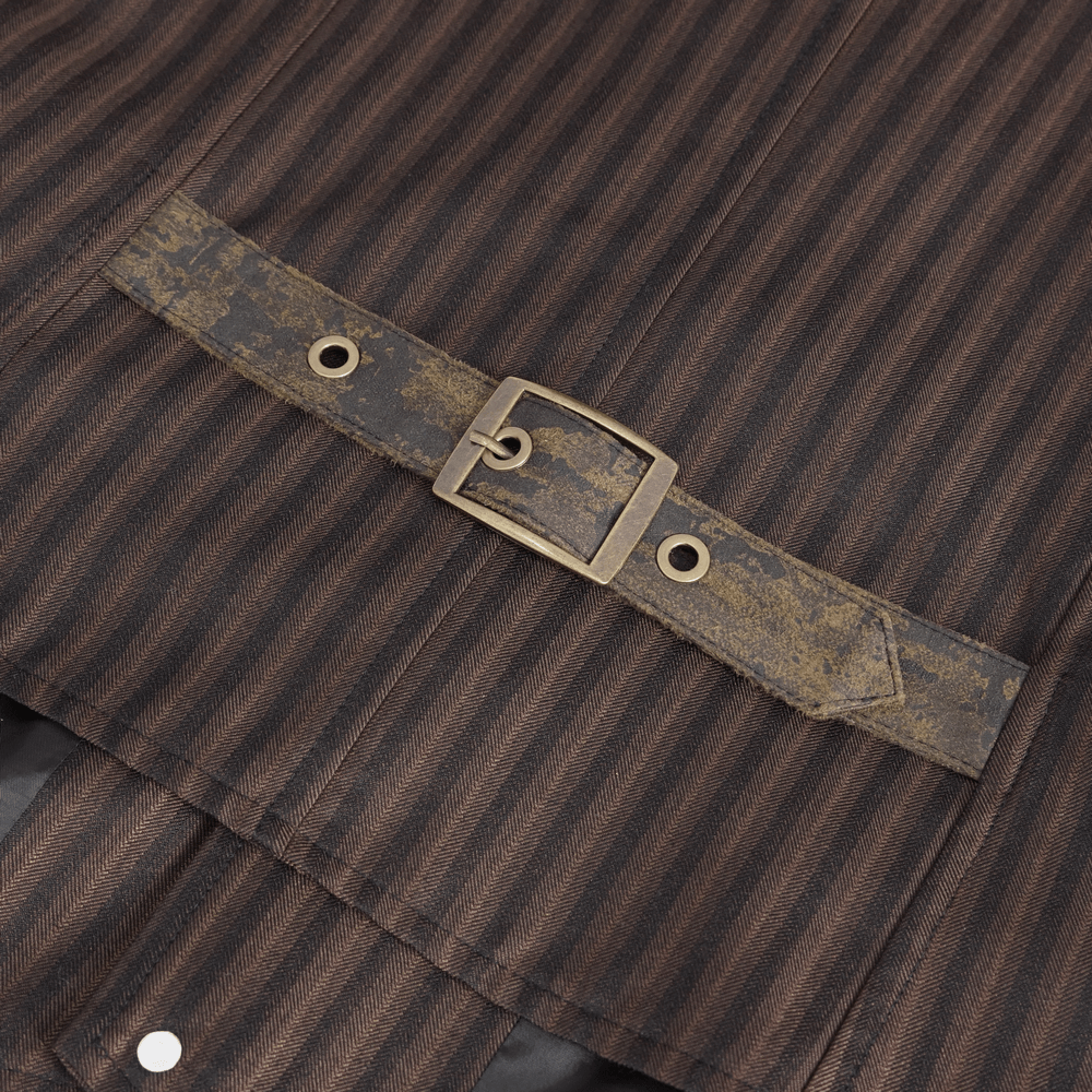 Close-up of elegant brown pinstriped men's waistcoat featuring a stylish buckle belt detail.