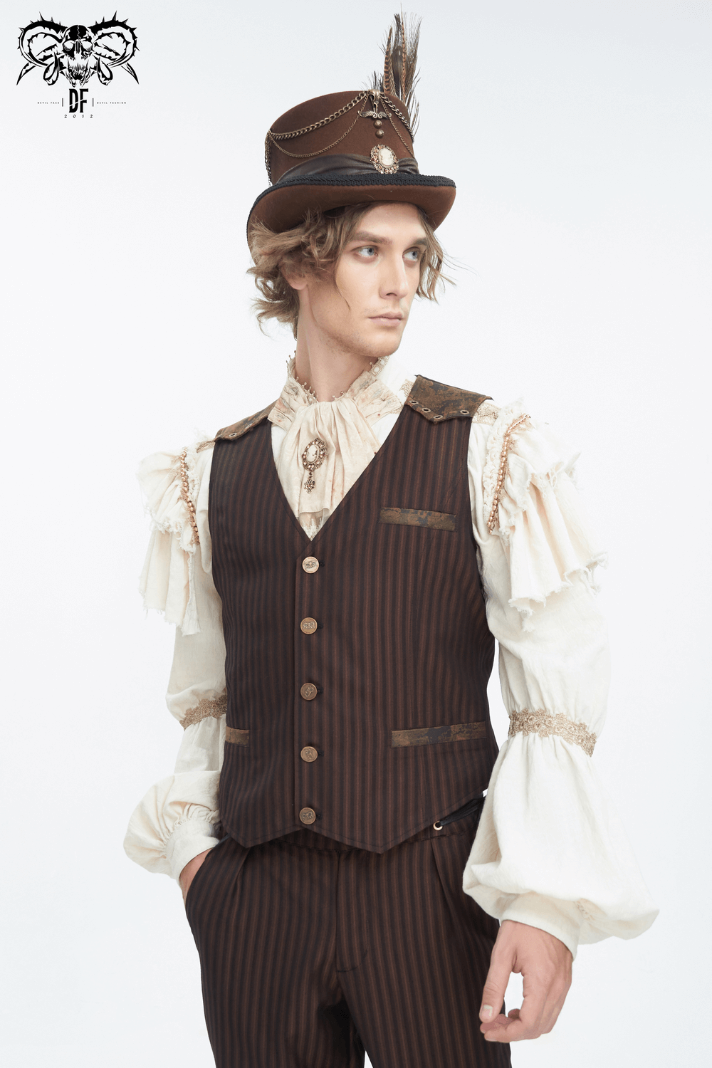 Stylish men's pinstriped brown waistcoat with vintage flair, paired with an elegant top hat and retro sleeves.