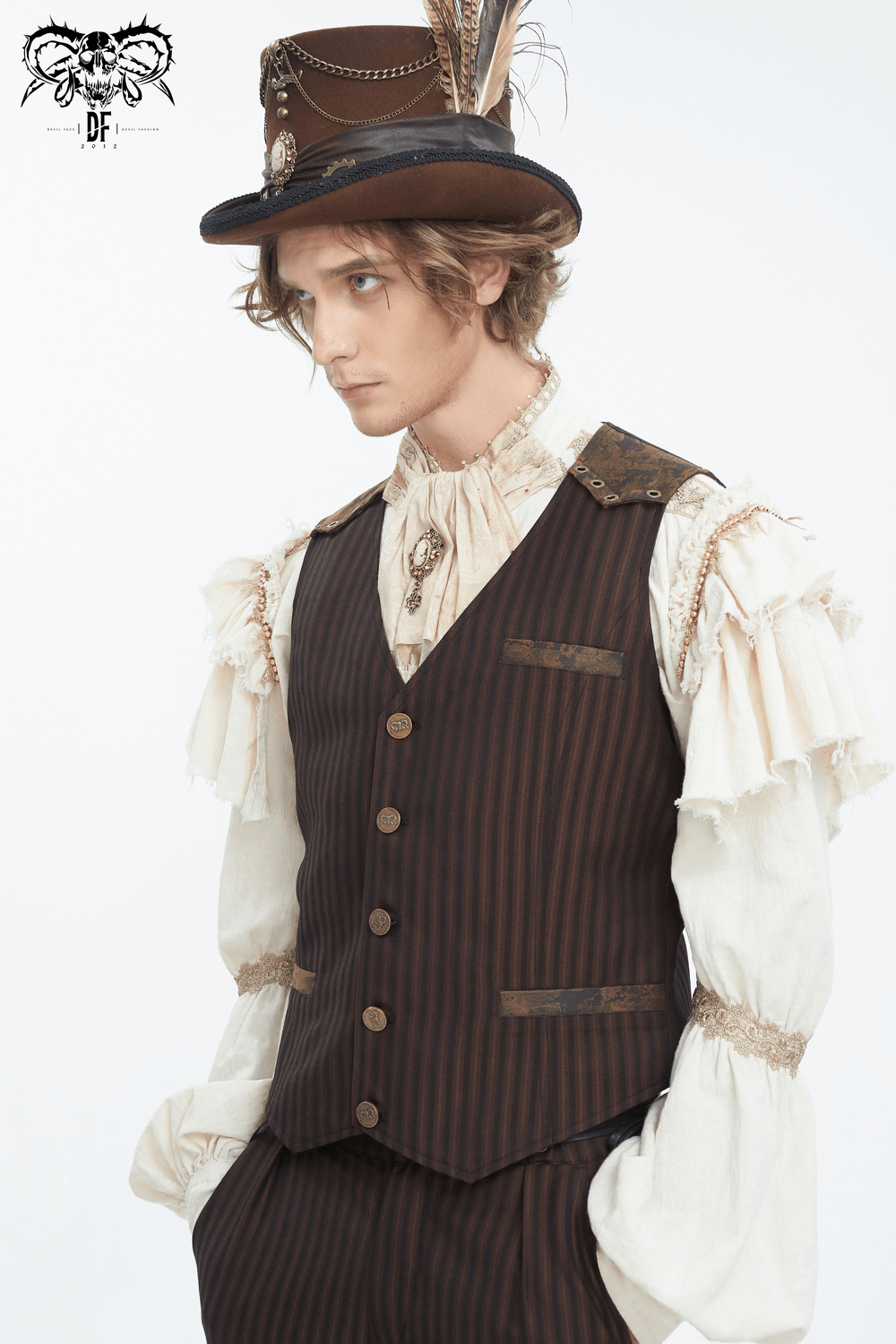Stylish man in a retro pinstriped brown waistcoat with a top hat, showcasing gothic fashion and sophistication.
