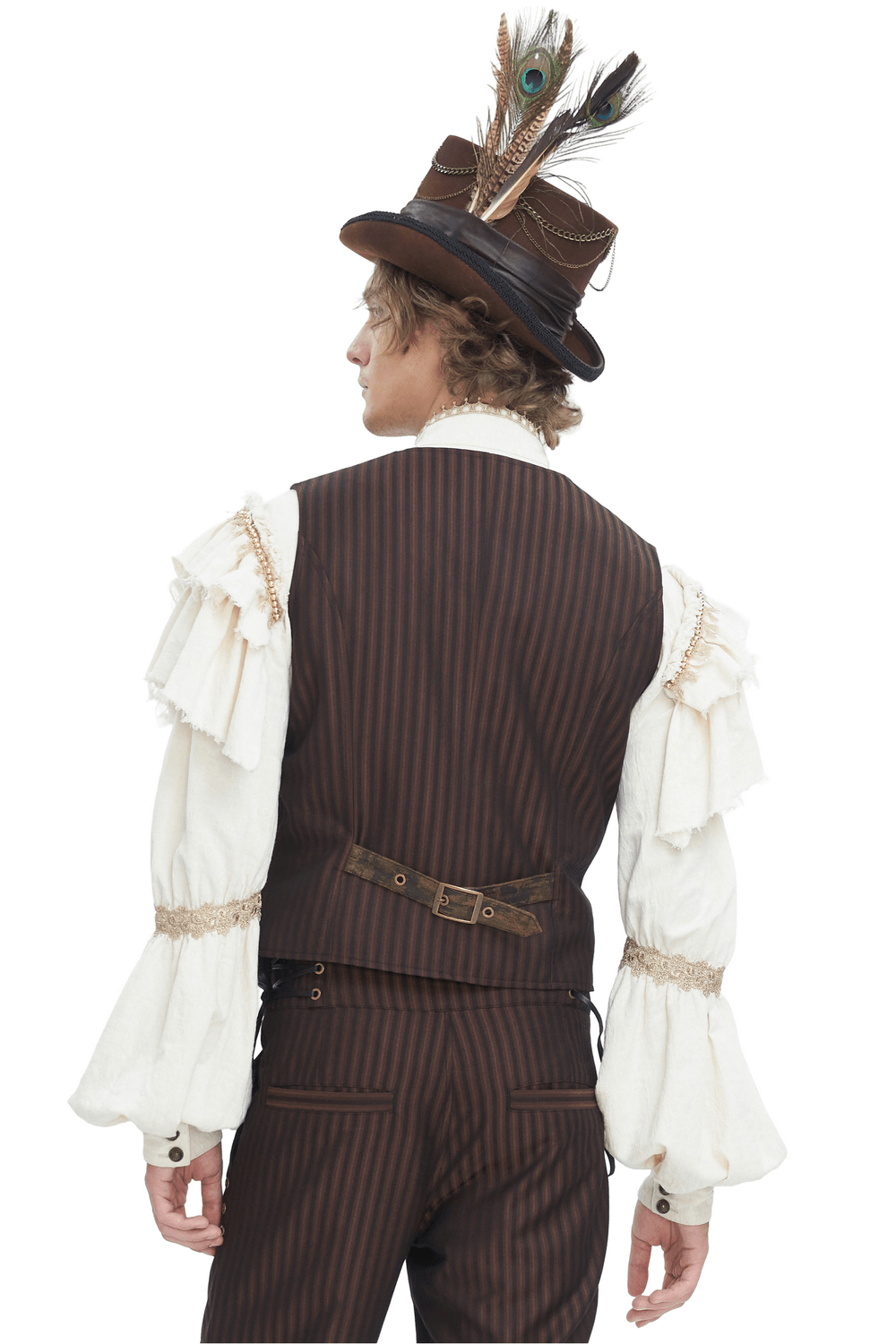 Back view of a man in an elegant pinstriped men's waistcoat with ruffled sleeves and a stylish top hat.