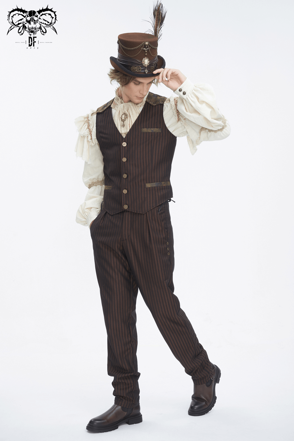 Stylish retro pinstriped brown waistcoat worn by a model, paired with elegant pants and a matching hat, exuding gothic flair.