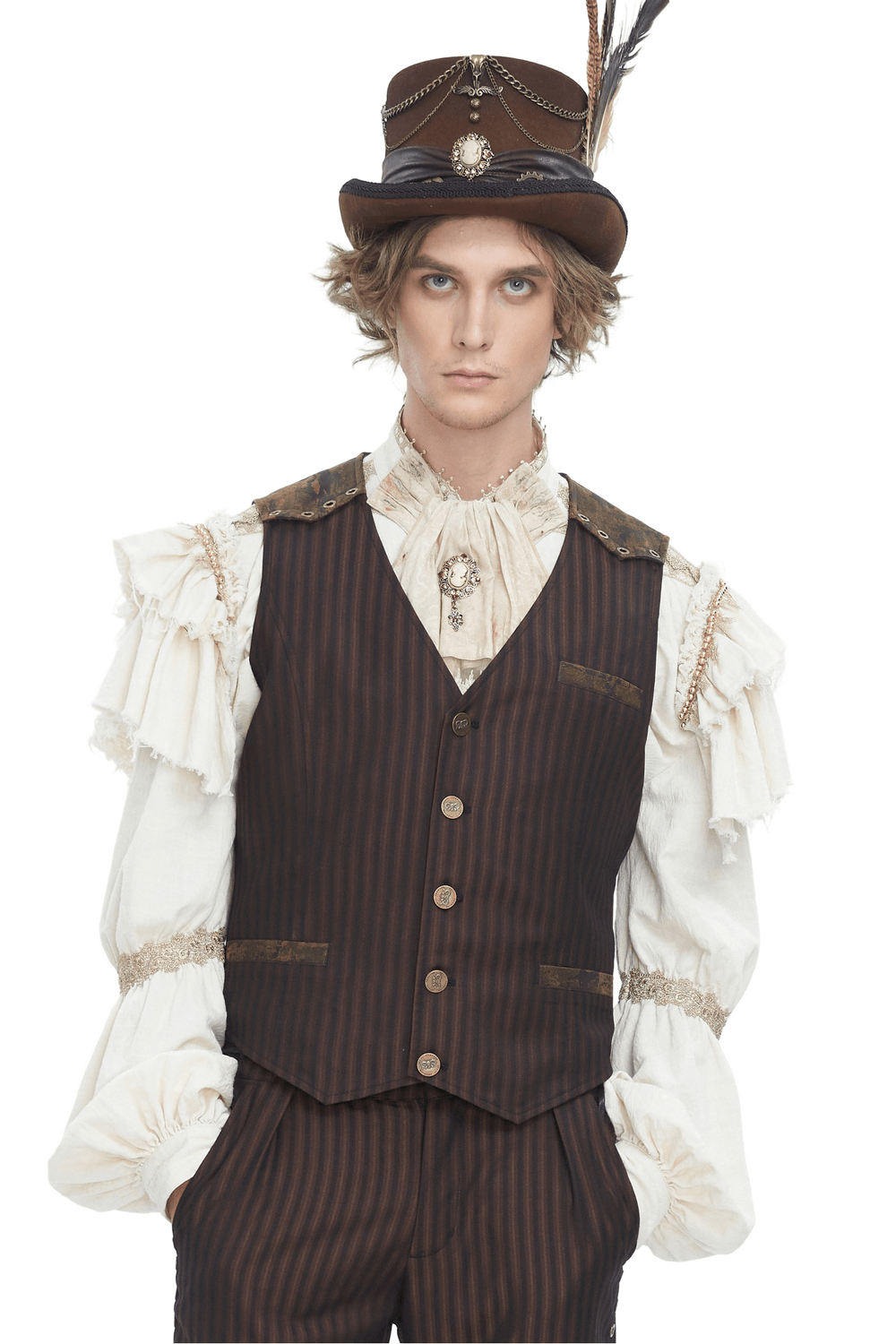 Stylish man in a brown pinstriped waistcoat with vintage sleeves and a top hat, exuding retro Gothic charm.