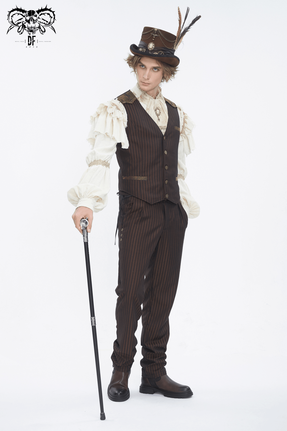 Stylish man in a brown pinstriped waistcoat with a cane, showcasing gothic flair and vintage charm.