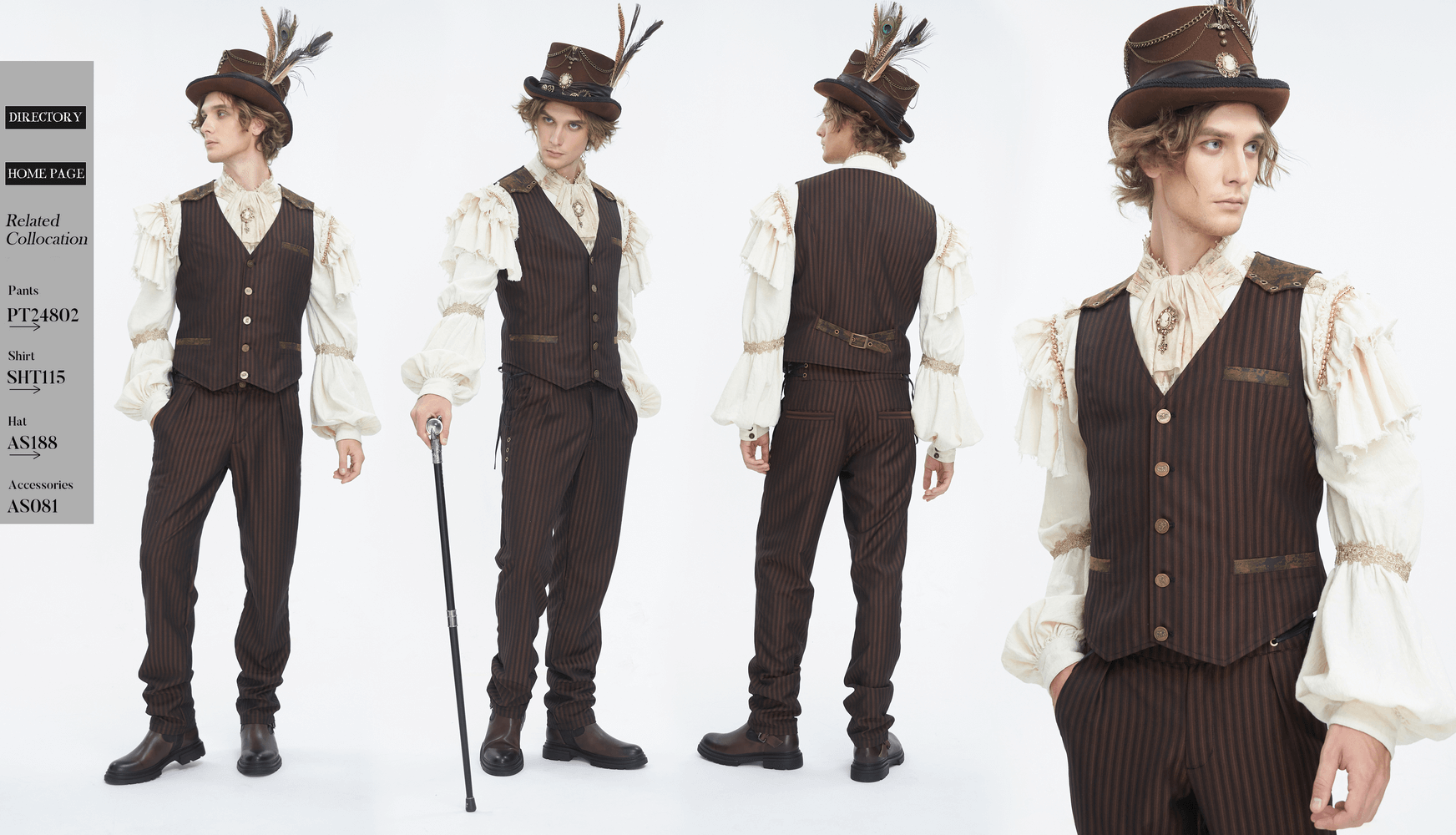 Elegant pinstriped men's button-up brown waistcoat with Gothic style, perfect for retro and formal occasions.