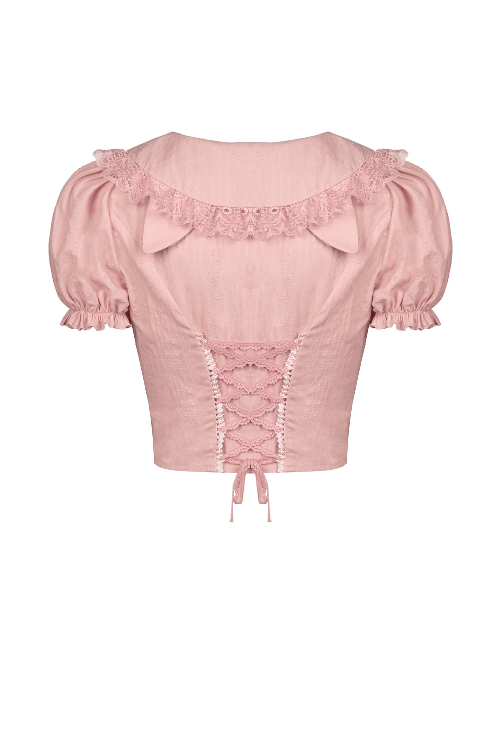 Elegant Puff Sleeves Lace-Trimmed Blouse in Soft Pink