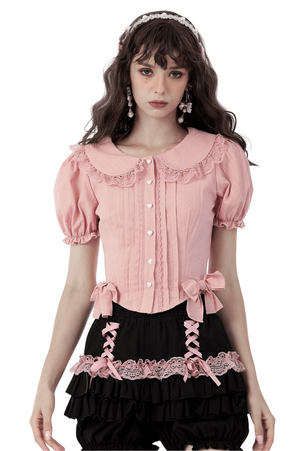 Elegant Puff Sleeves Lace-Trimmed Blouse in Soft Pink