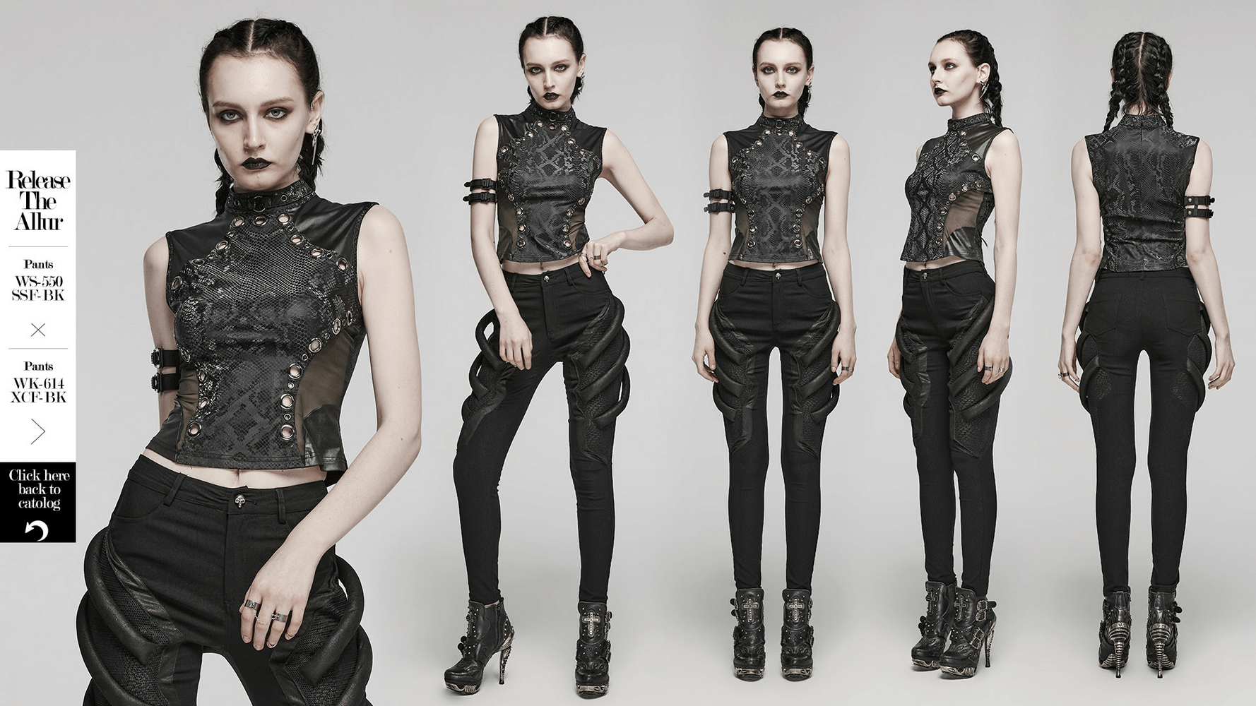 Elegant punk black snake print sleeveless top with embellished waistline, showcasing stylish model from multiple angles.