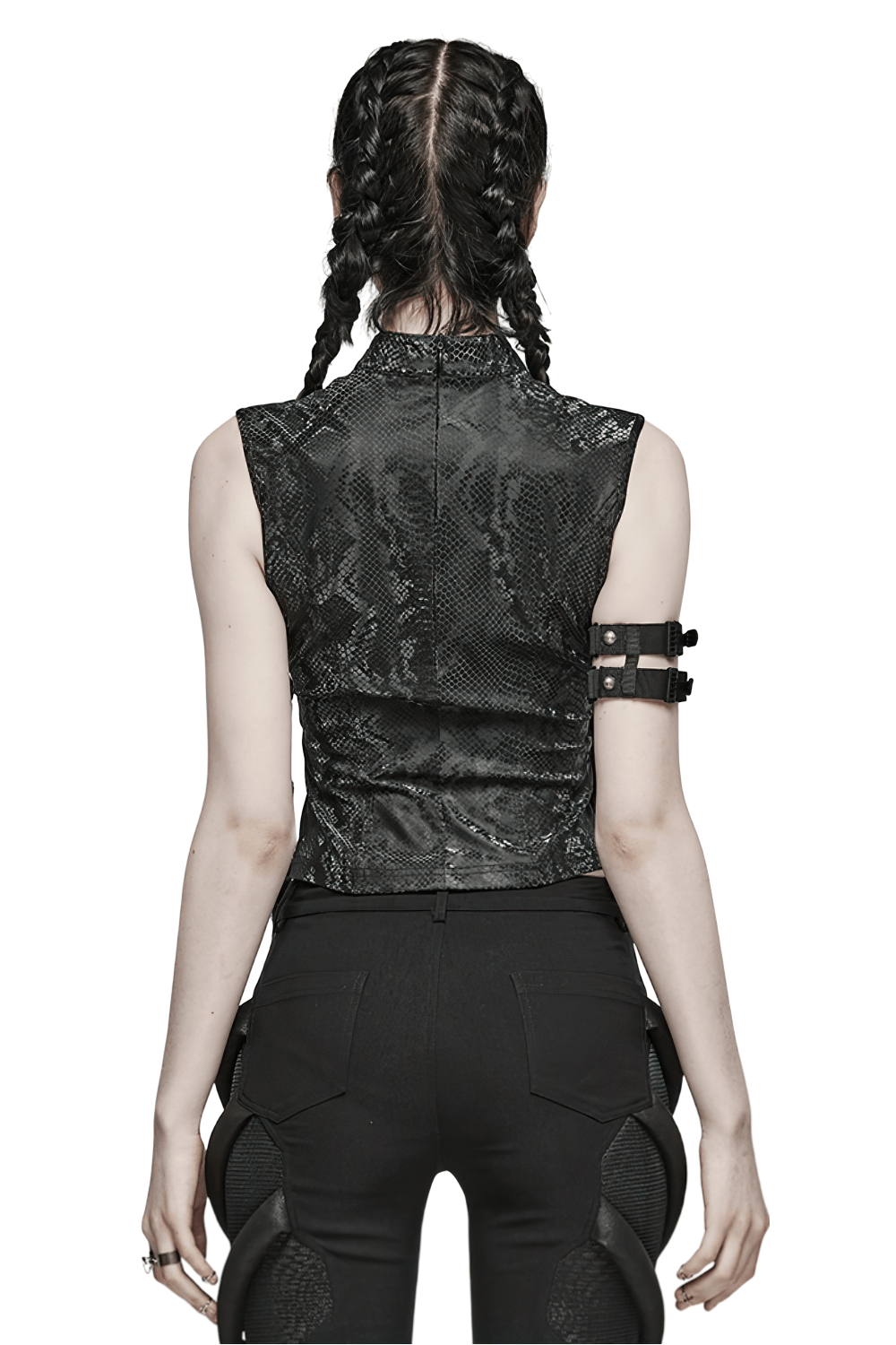 Back view of an elegant punk black snake print sleeveless top, showcasing a stylish zip closure and edgy design.