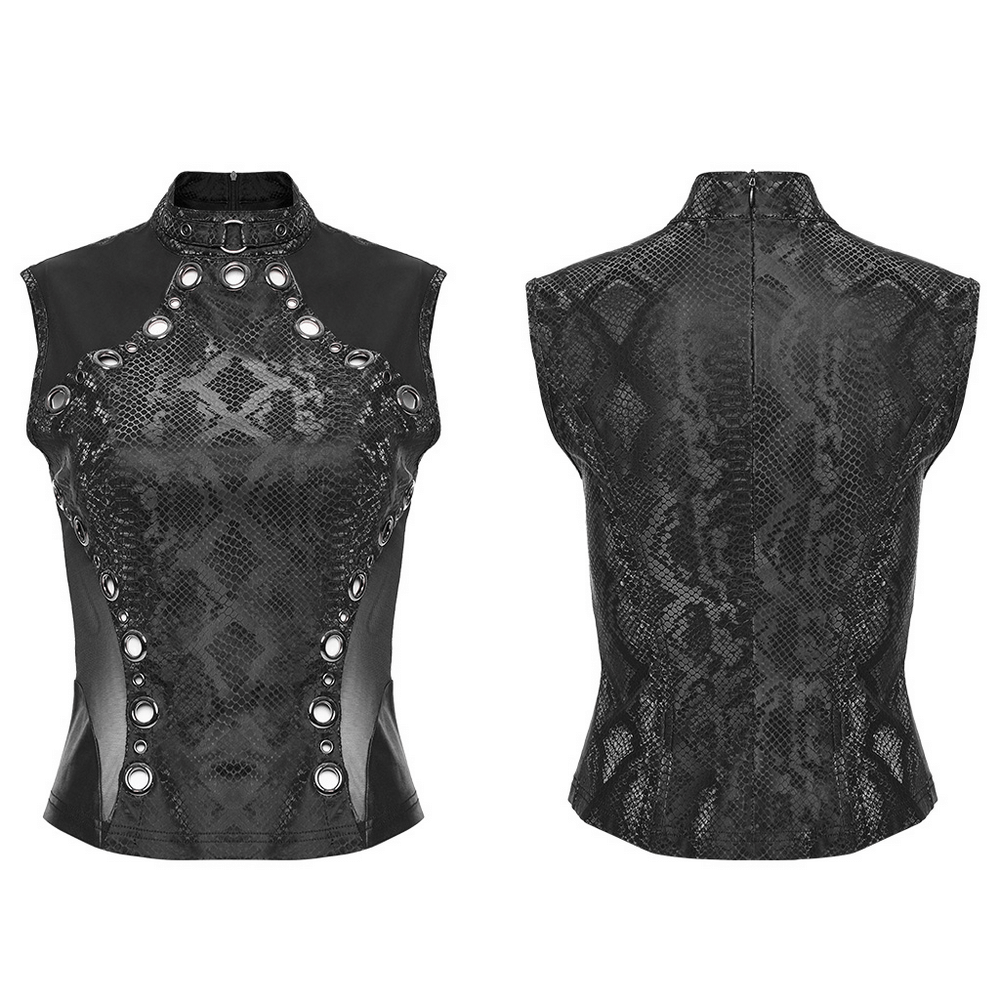 Edgy black snake print sleeveless top with embellished waistline and zip closure for a punk rock style.