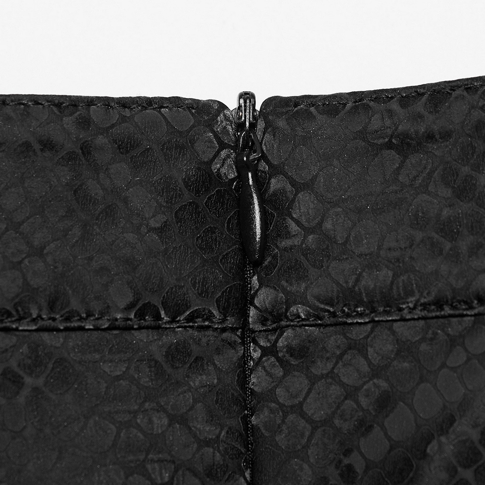 Close-up of zipper detail on elegant punk black snake print sleeveless top showcasing unique texture and edgy design.