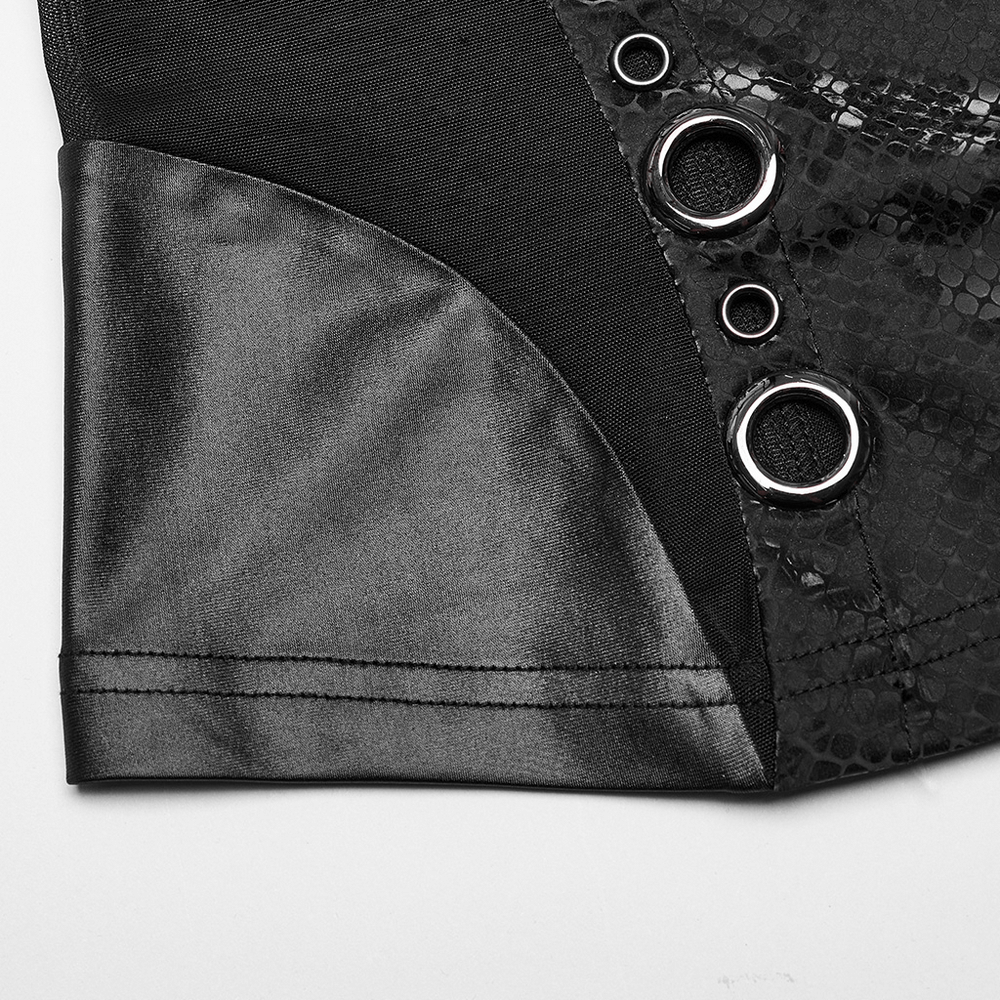 Close-up of the elegant punk black snake print top featuring decorative eyelets and sleek fabric details.