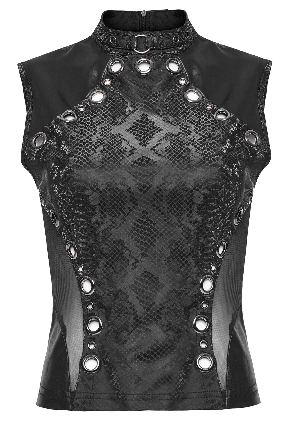 Stylish black snake print sleeveless top with hollowed-out waistline and metal ring details for punk fashion.