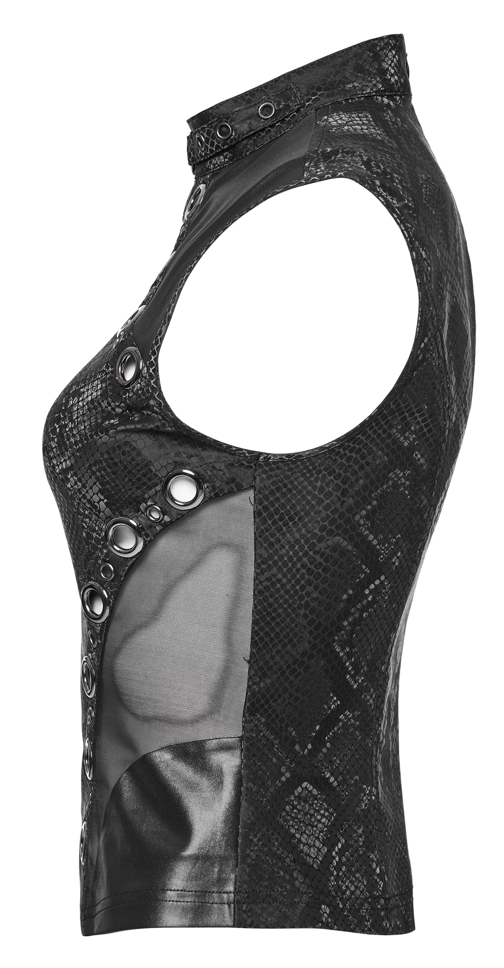 Edgy black snake print sleeveless top with hollowed-out waist and metal details, perfect for punk fashion enthusiasts.